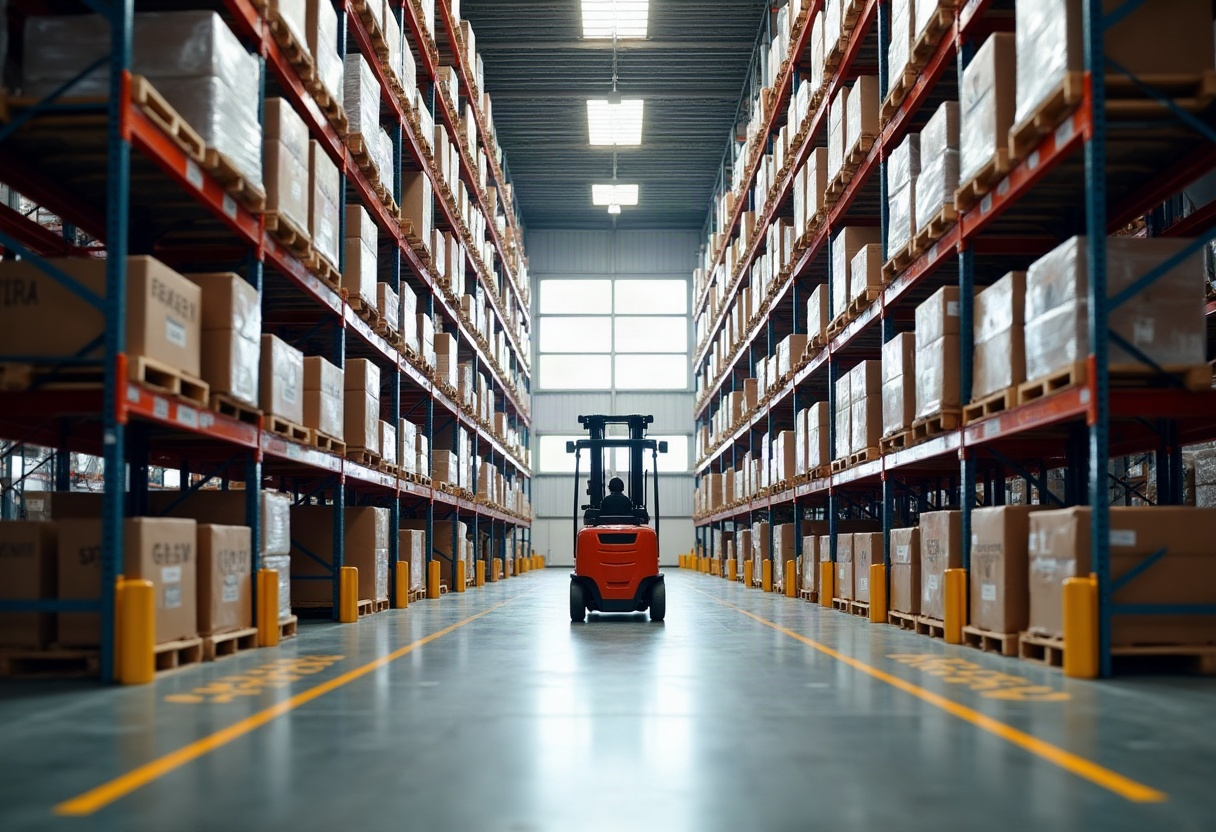Wide warehouse interior with pallet racking rows and forklift in the Kent Valley at midday